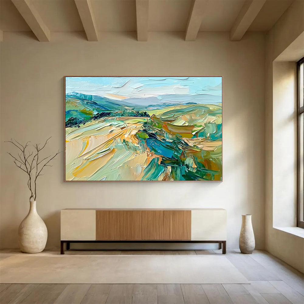 Large abstract oil painting of the French countryside featuring impasto strokes in green, blue, beige, and brown for a natural earthy feel.SC127