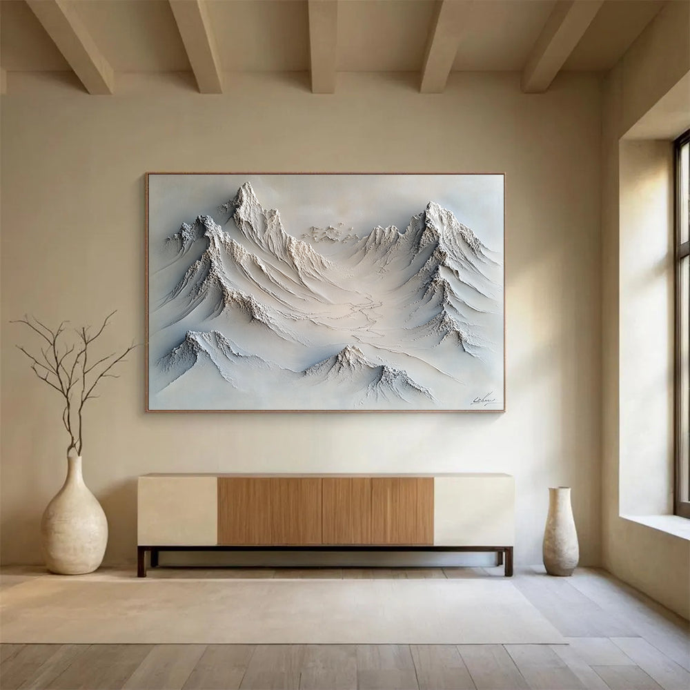 Large abstract painting with soft impasto textures in gray and white featuring snow-covered peaks and valleys for a serene visual experience.SC509