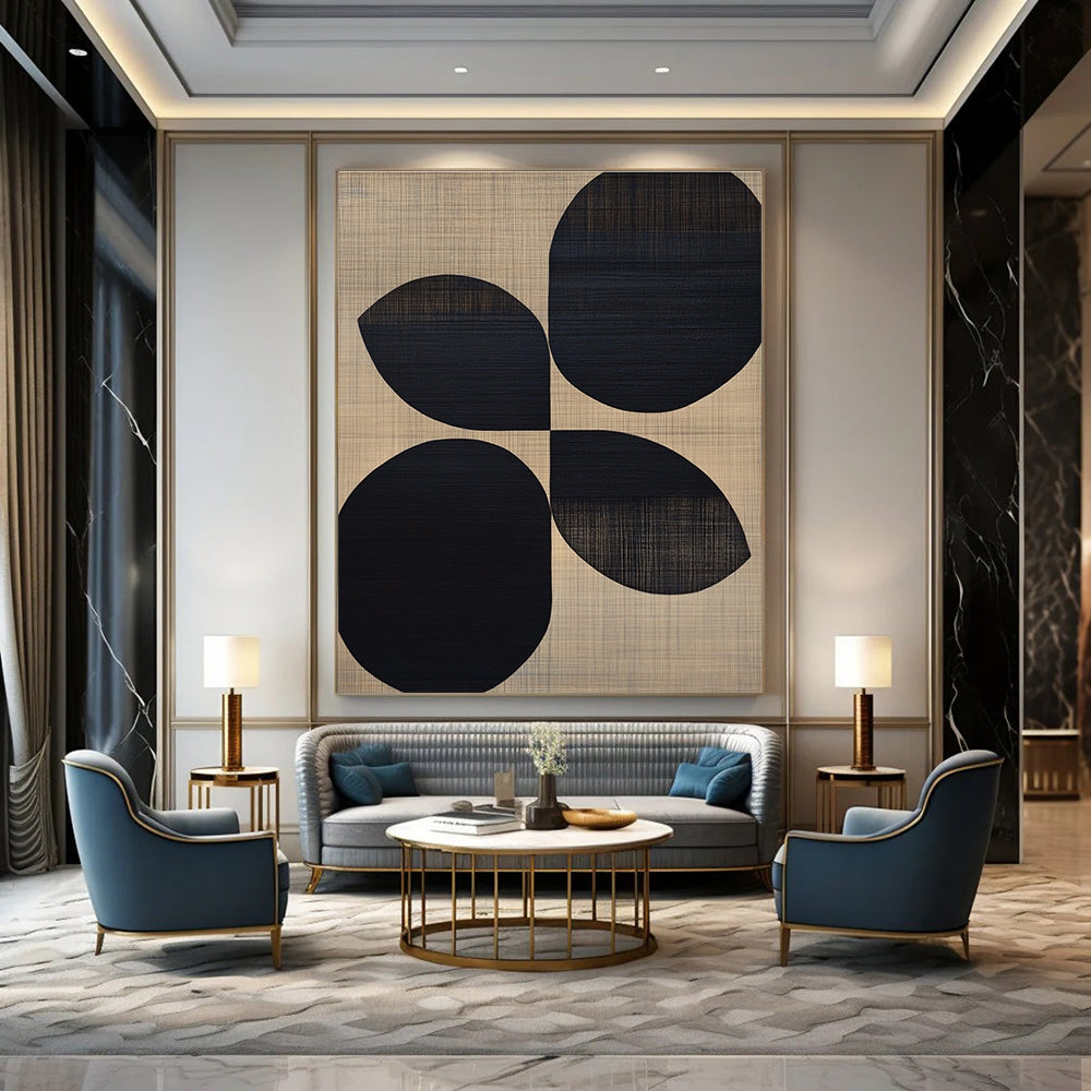 Large abstract painting featuring black oval shapes on a beige wood grain background reflecting midcentury modern organic design.STSC312
