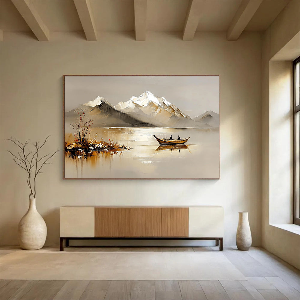 Abstract oil painting with textured palette knife depicting serene lake mountains ancient boats and blooming wildflowers in warm gray hues.SC608