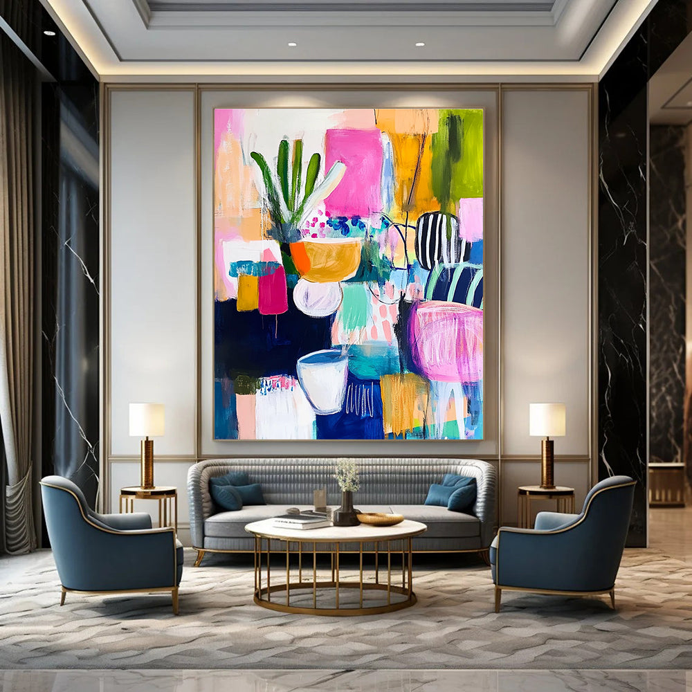 Large abstract painting with vibrant colors and bold brush strokes reflecting joyous celebration and energetic vibes in a dynamic composition.STSC1223
