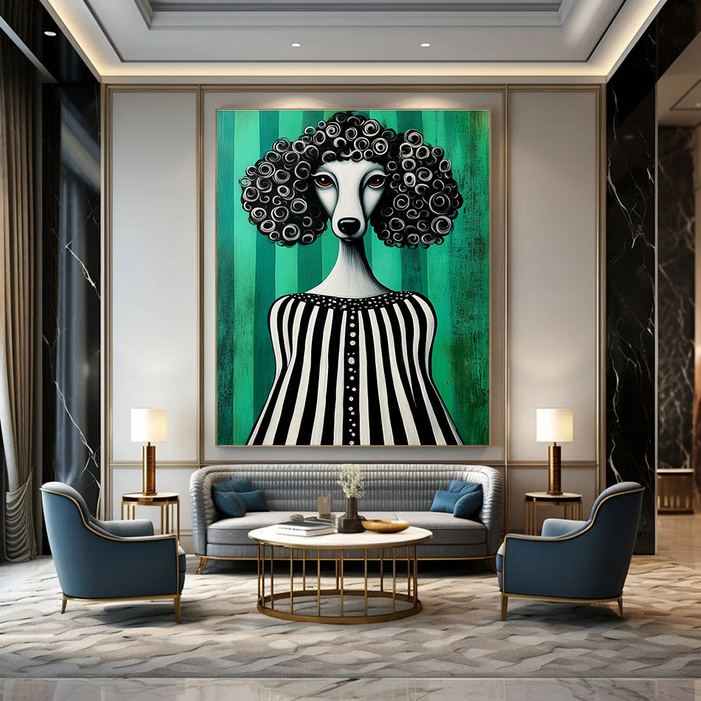 A whimsical folk art painting featuring a poodle in a black and white striped dress against a vibrant green background.STSC1001