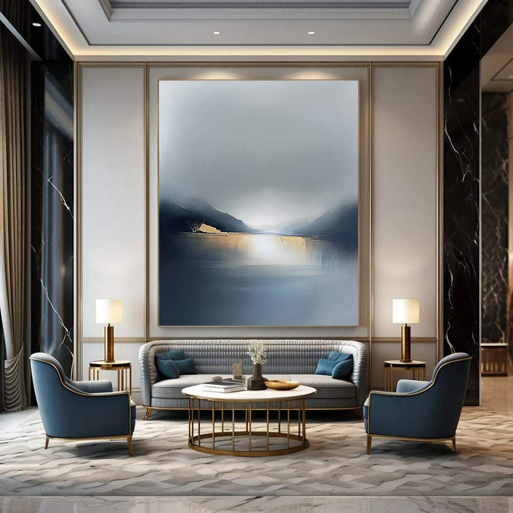 Large abstract painting in soft gray tones with gold accents evoking serene solitude and reflection on life's vast journey across a misty sea.STSC088
