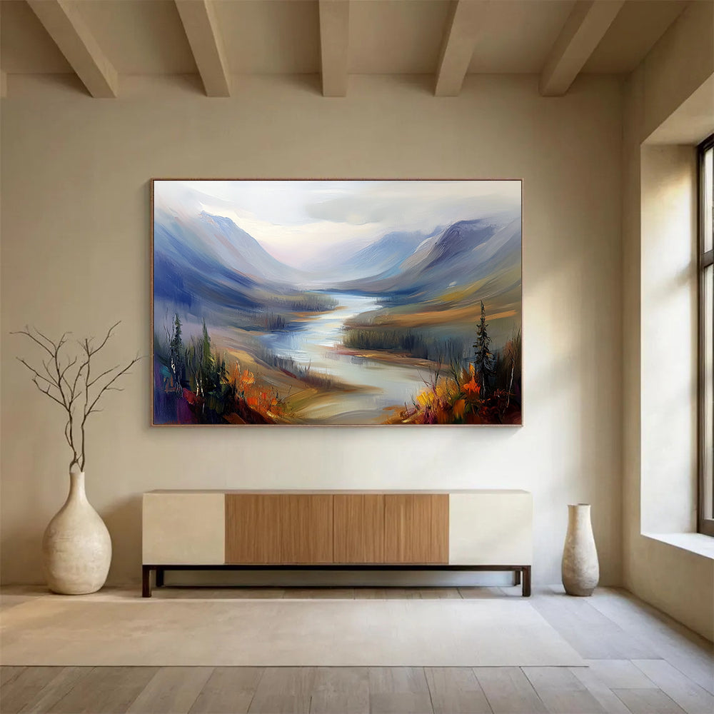 Large abstract painting of a misty Northern Canada river landscape featuring rolling hills and mountains in a warm color palette with soft brush strokes.SC405