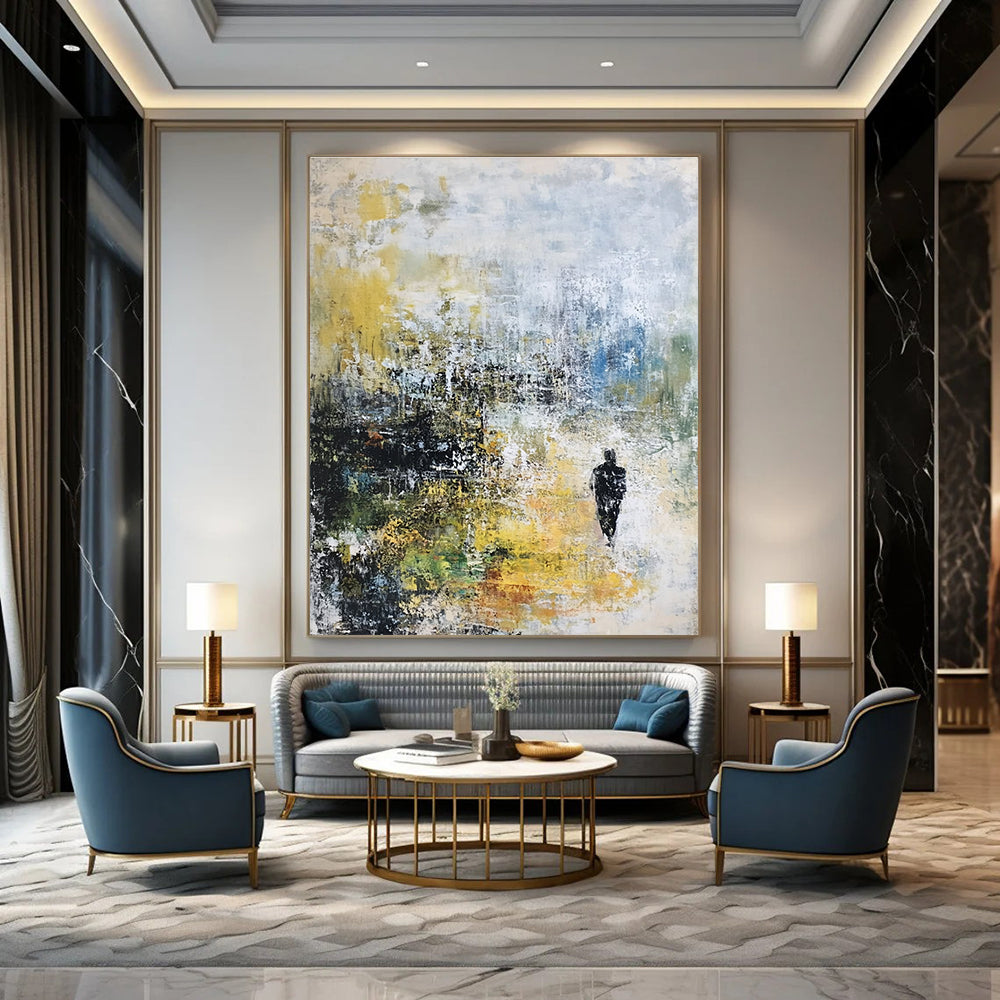 Large abstract painting on canvas with textured layers in pastel tones depicting a serene landscape under rain.STSC237