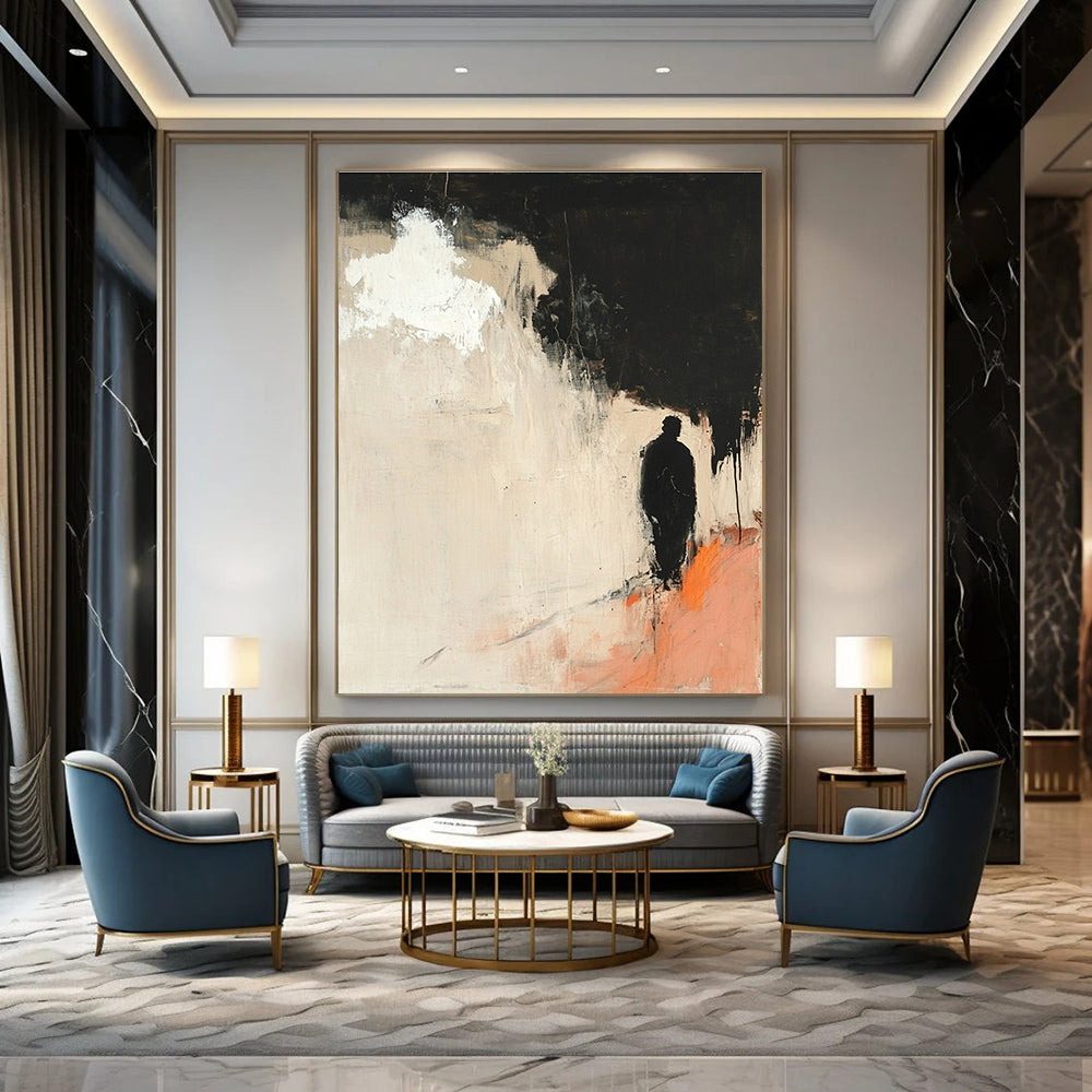 Large abstract painting with minimalist light pink and black hues features a silhouette of an old man and a white cloud with orange highlights.STSC247