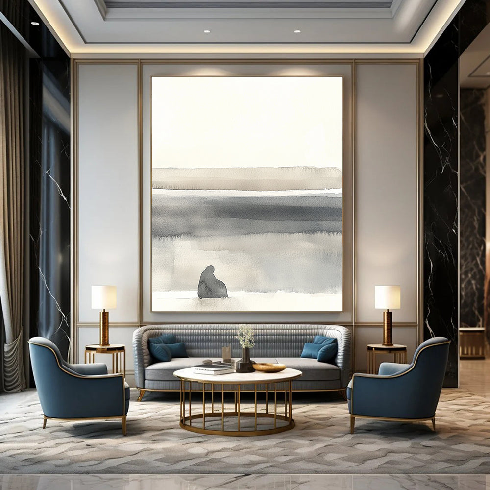 Large abstract painting in soft whites and grays featuring minimalistic landscape with organic shapes and muted tones for a serene atmosphere.STSC1465