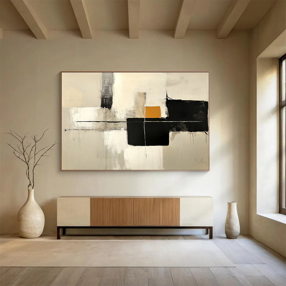 Large abstract painting featuring thick brush strokes in neutral colors with gray and black blocks and a small orange shape on a white background.SC503