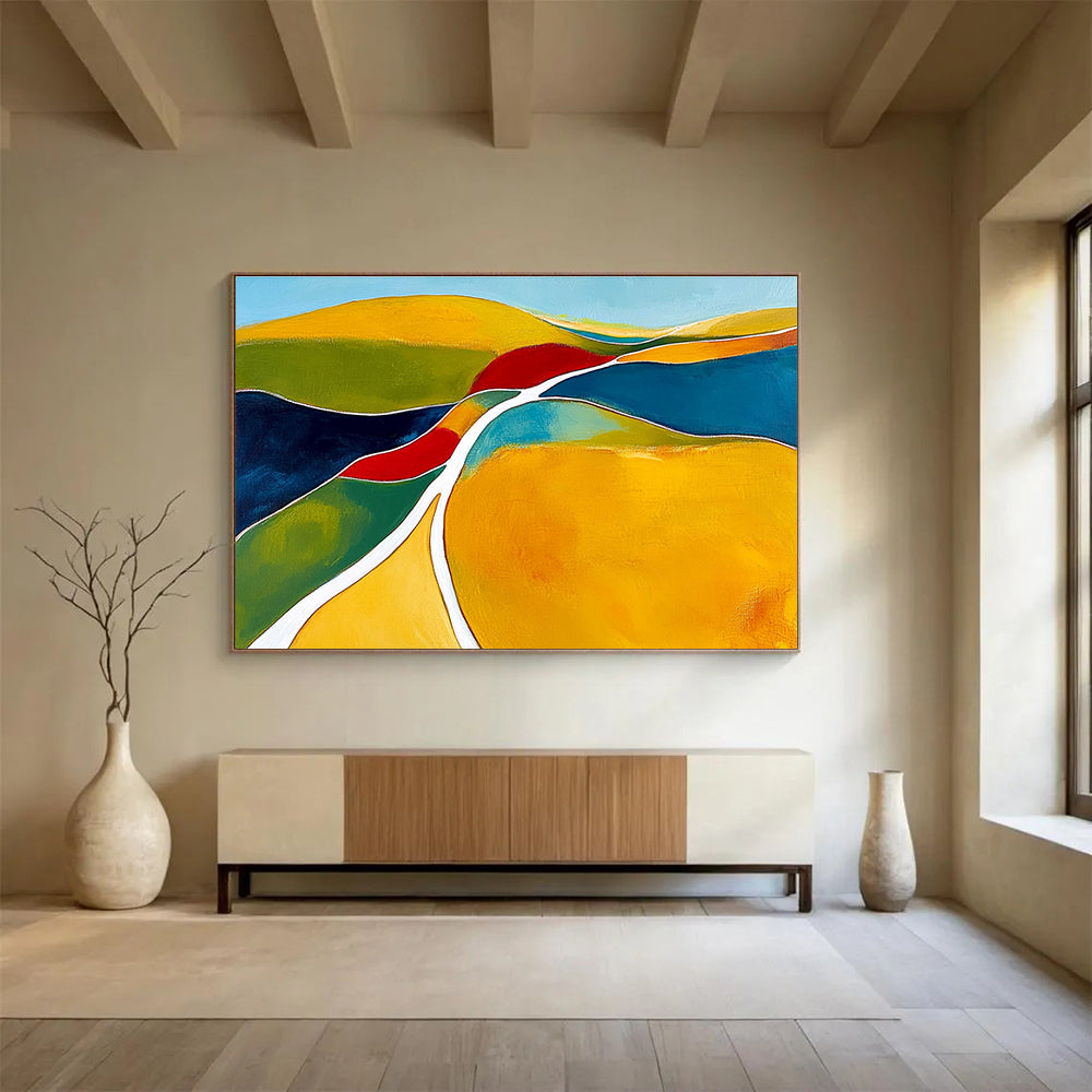 Large abstract painting featuring organic shapes in yellow and green with white lines contrasted against dark blue light red and clear sky blue.SC069