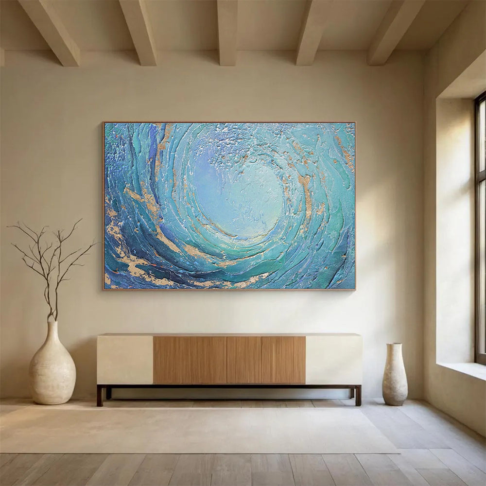 Circular Ocean Wave Abstract Painting with Blue and Golden Accents THY256