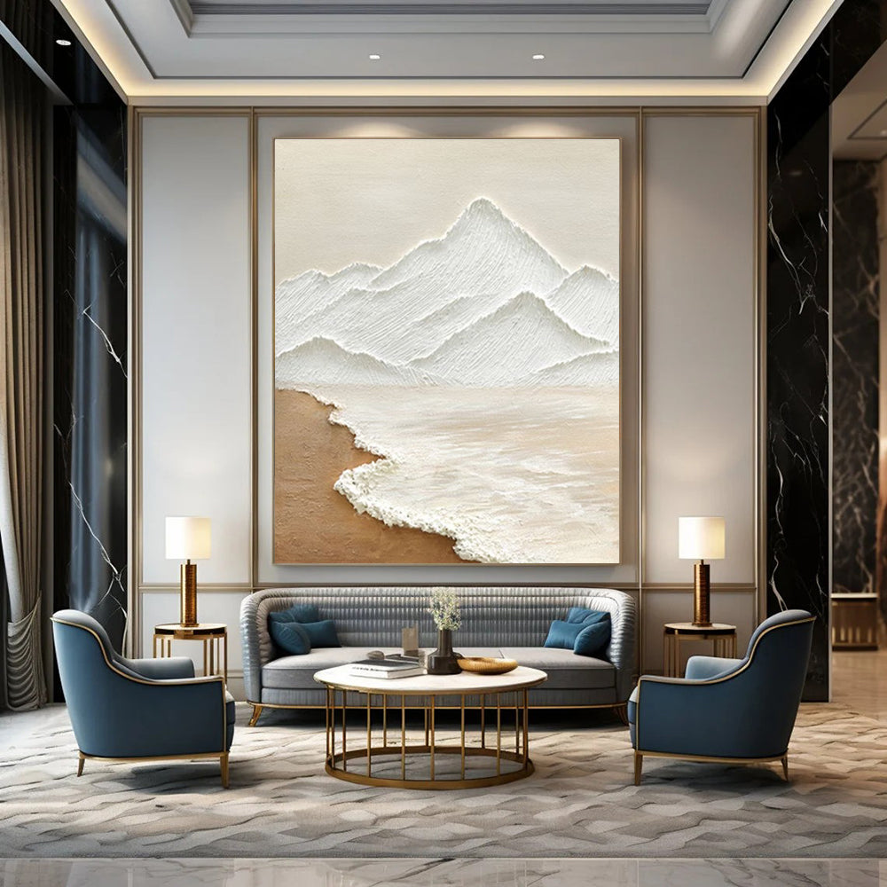 Textured Mountain and Sea Abstract Painting in White and Beige ADGE273