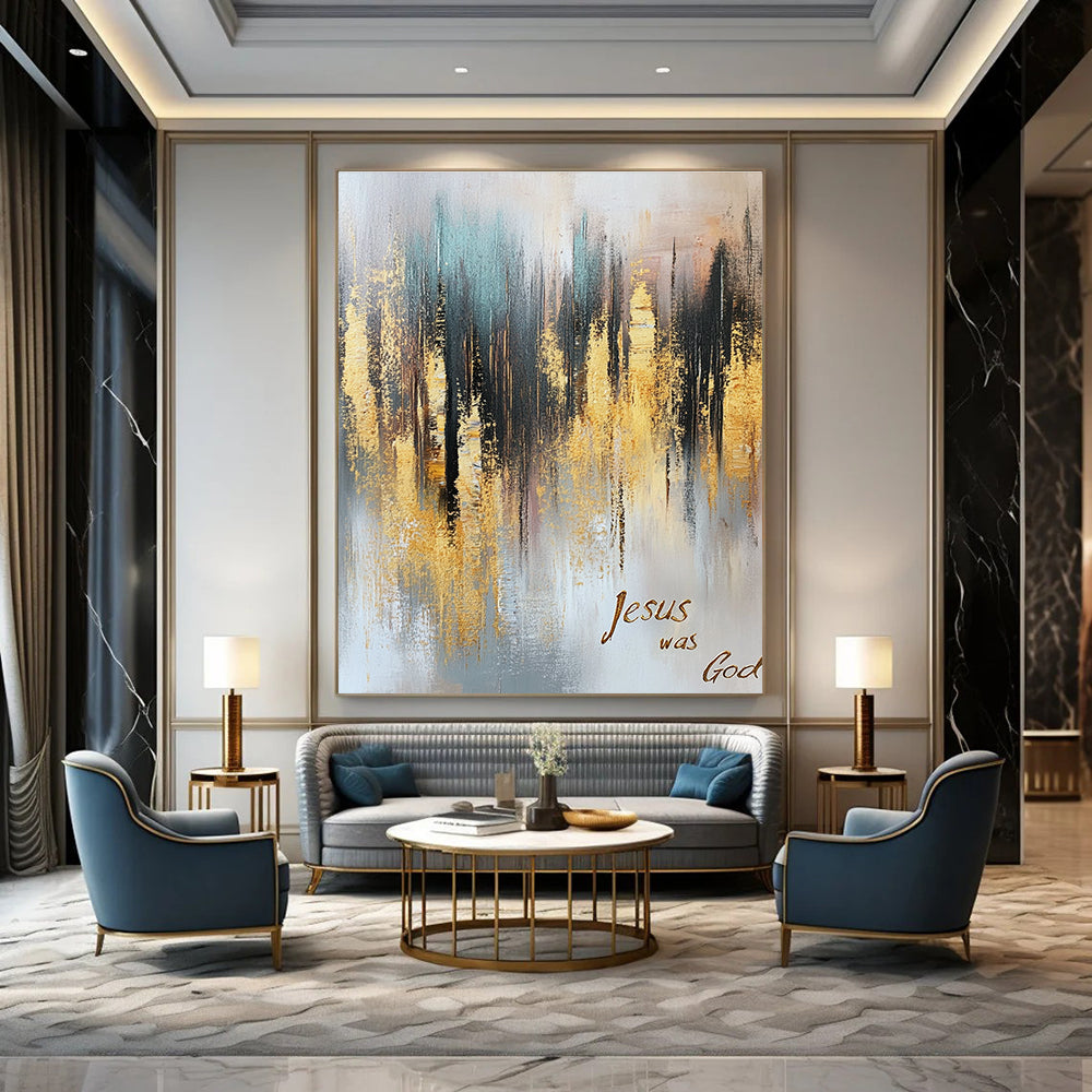 Large abstract oil painting of a gold and gray forest with muted colors gold foil accents and cursive text stating Jesus was God.STSC166