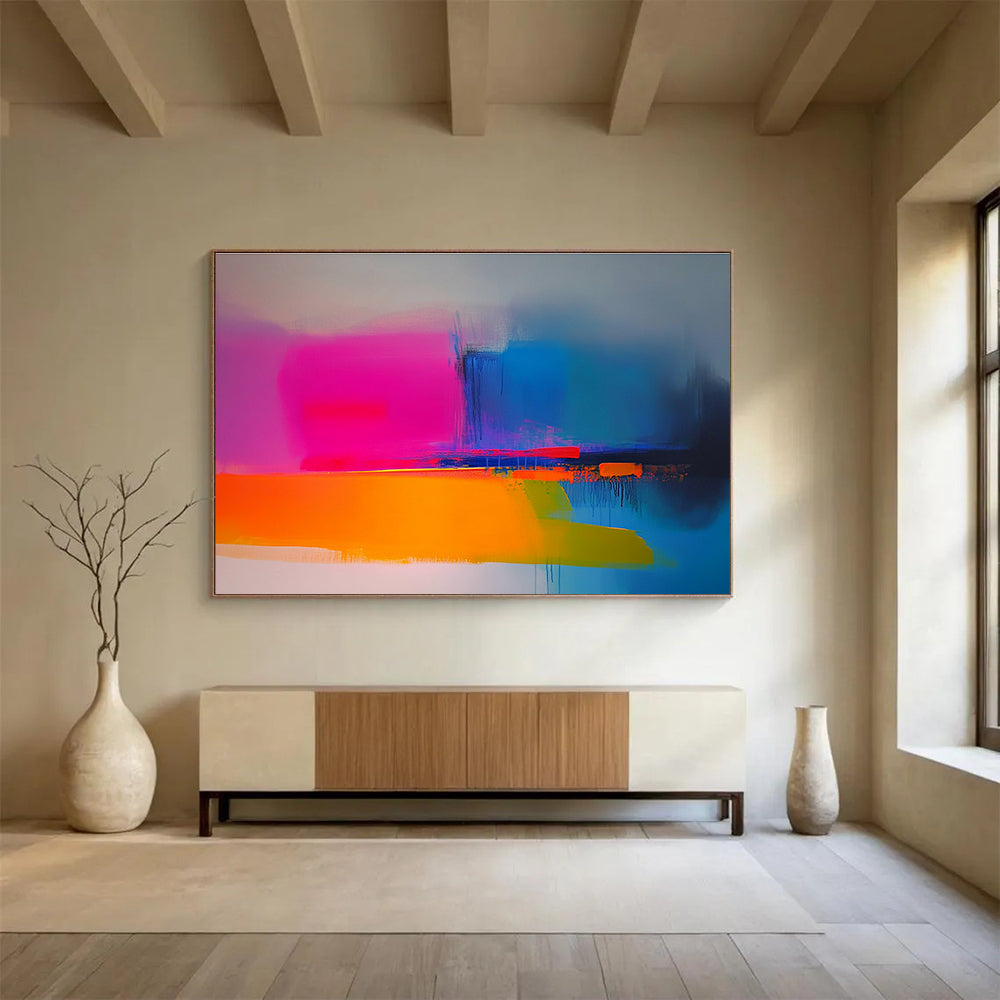 Large abstract painting in neon pink yellow blue orange and green featuring soft gradients smooth brush strokes and a minimalist landscape with blurry edges.SC149