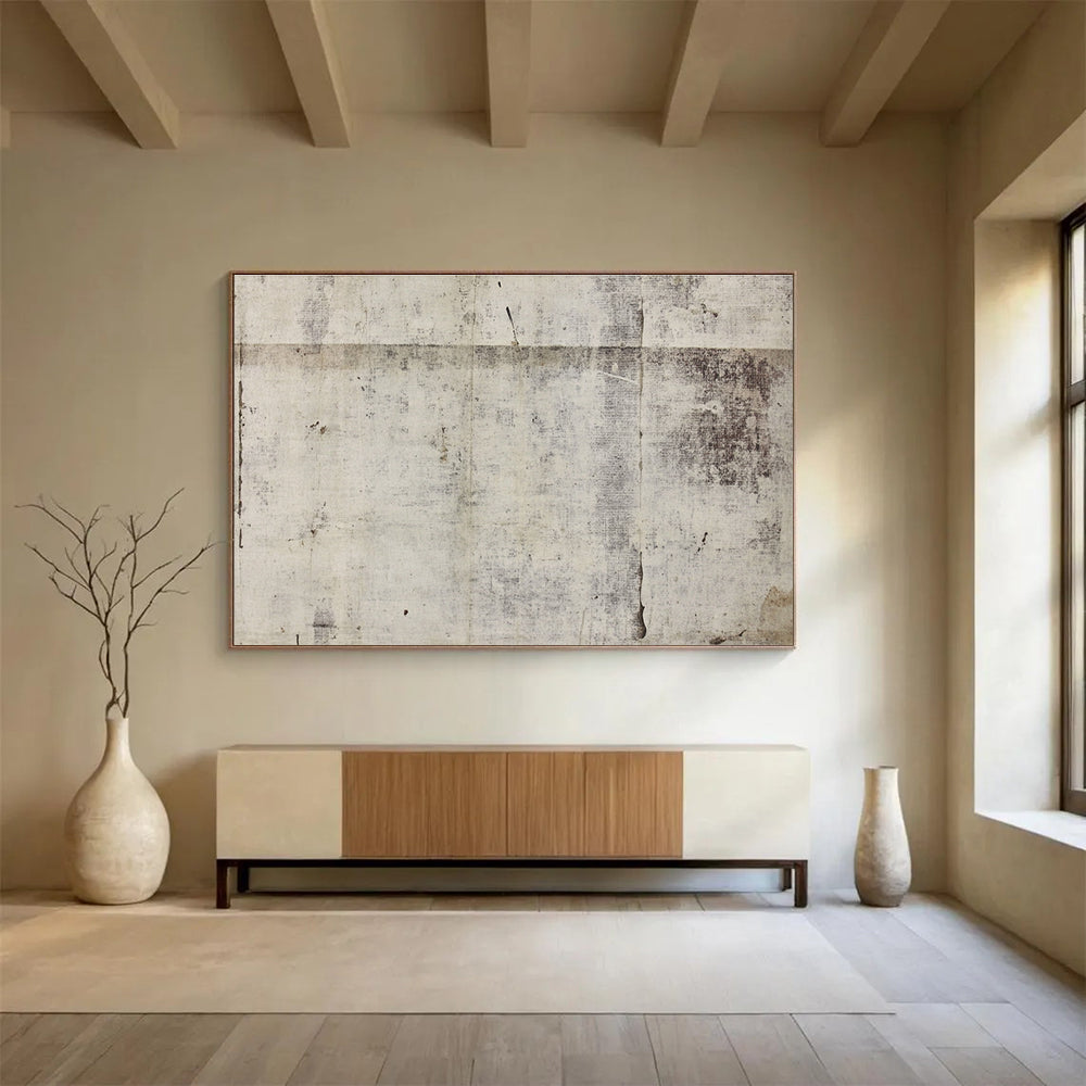 Large abstract artwork featuring vintage paper texture with distressed white gray tones and hints of brown along with watercolor splashes and antique French wallpaper pattern.SC615