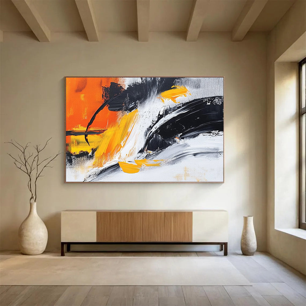 Orange Yellow Black Abstract Painting with Dynamic Brushstrokes DYP301