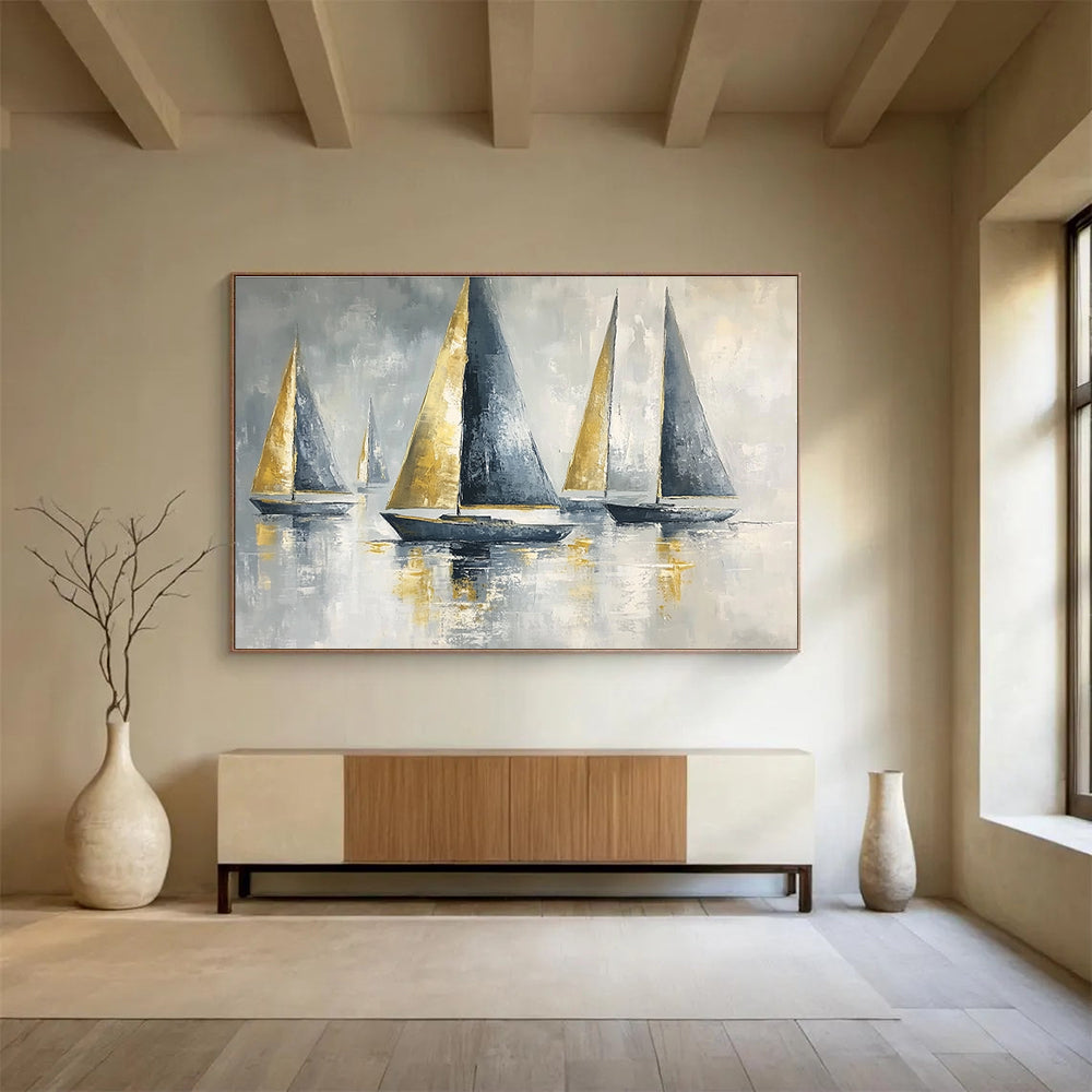 Gold and Gray Sailboats Elegant Abstract Painting with Metallic Accents DYP607