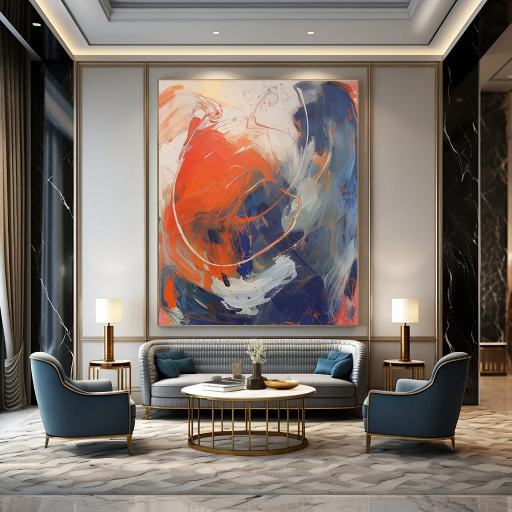 Dynamic Color Swirl Abstract Painting with Orange, Blue, and White ADGE133