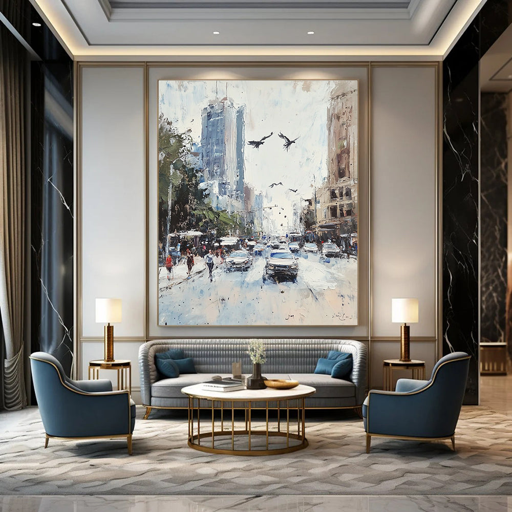 Large abstract painting featuring a vibrant Sydney street scene with soft pastel colors and impressionist brush strokes.STSC1135