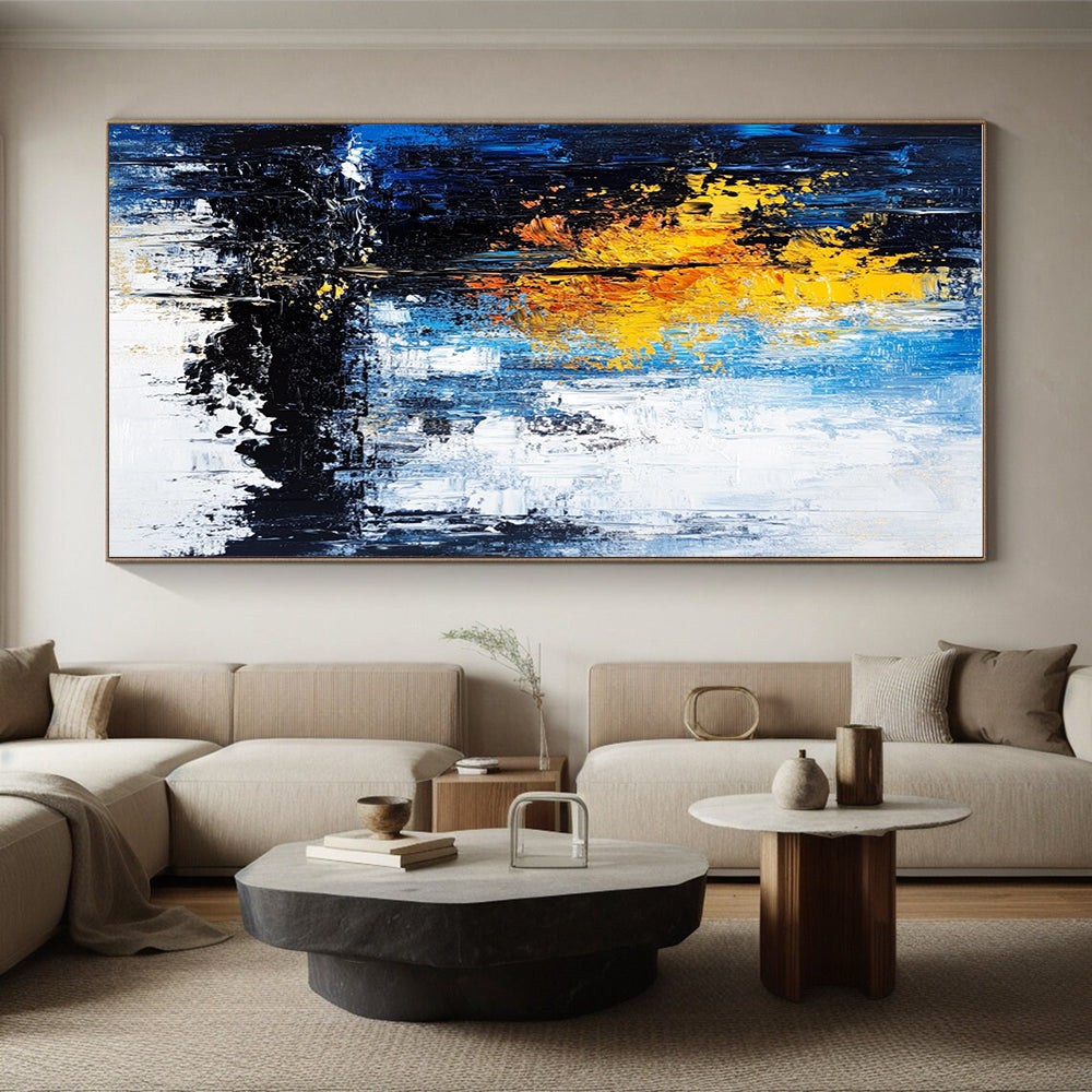 Blue and Yellow Abstract Painting with a Symbolic Tree GER398