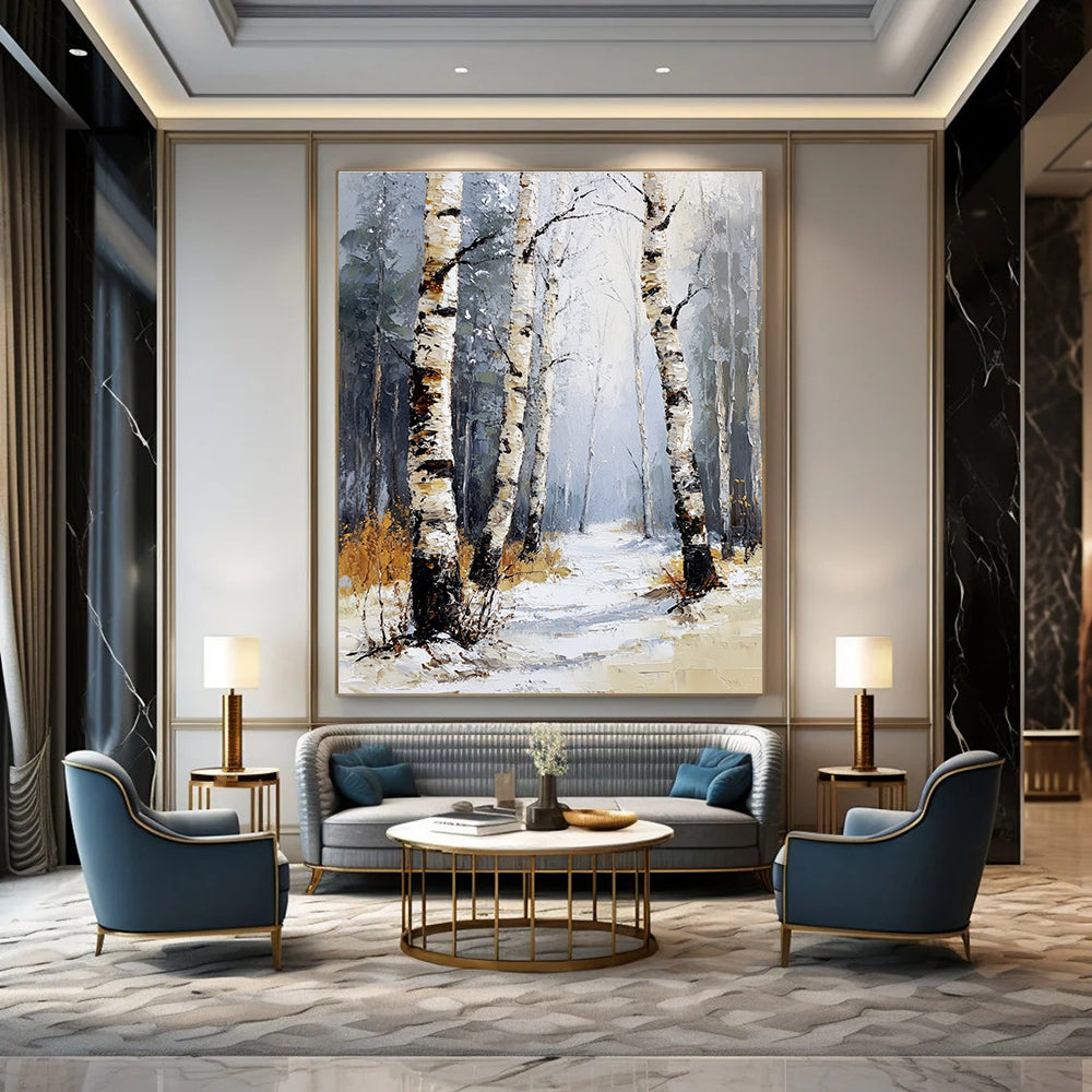 Abstract painting featuring a winter birch forest with soft tones light colors and warm sunshine illuminating the scene among the snowflakes and distant pines.STSC1271
