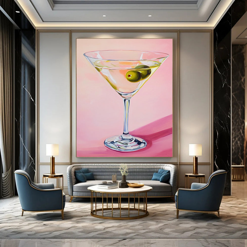 Abstract painting featuring a martini glass with an olive against a soft pink background showcasing gentle lighting and serene elegance.STSC1383