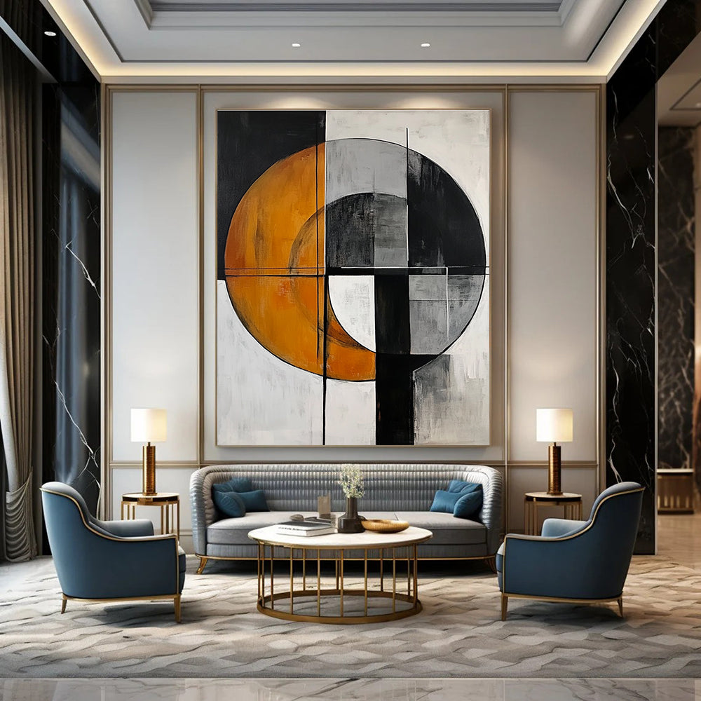 Abstract painting featuring a gray circle and orange half-moon with harmonious colors and geometric shapes in a minimalistic composition.STSC208