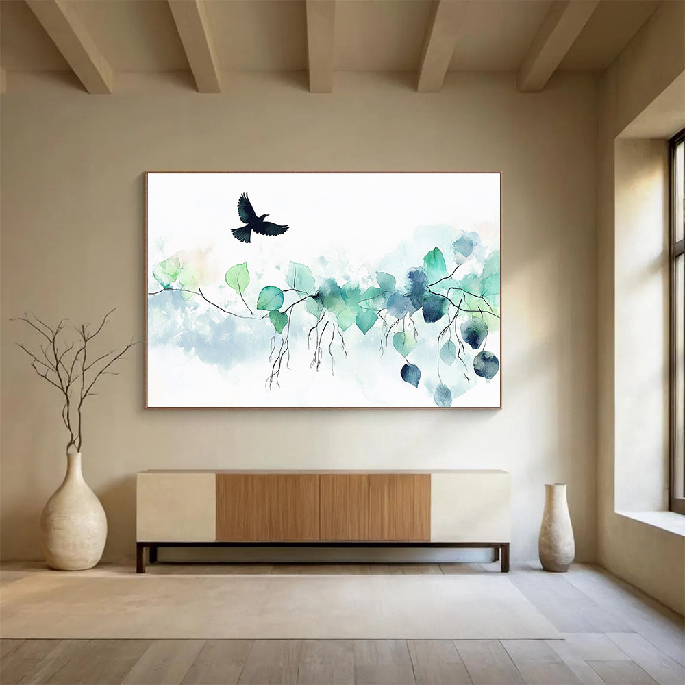 Abstract watercolor painting featuring green leaves and vines with a black bird above on a soft white background for a calming and elegant atmosphere.SC568
