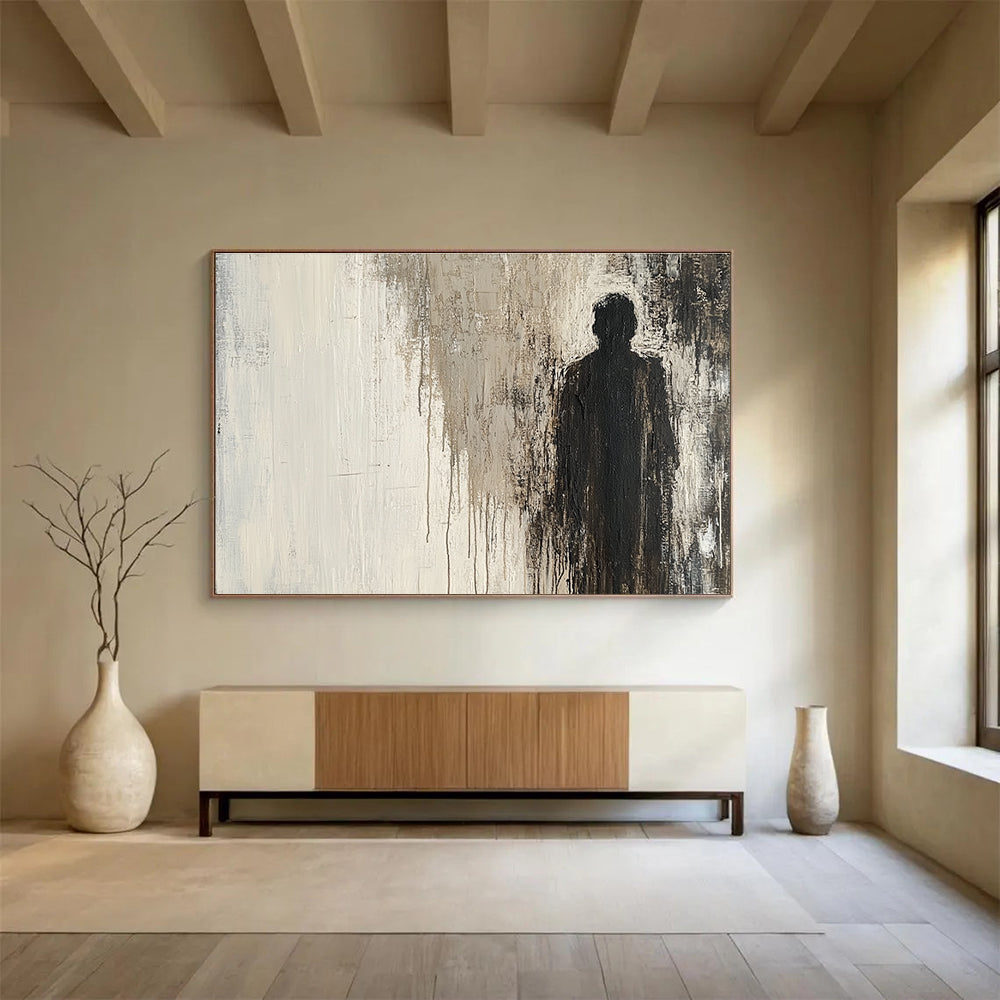 Large abstract grunge painting in neutral tones featuring a mysterious silhouette in a cracked surface evoking curiosity and unease.SC051