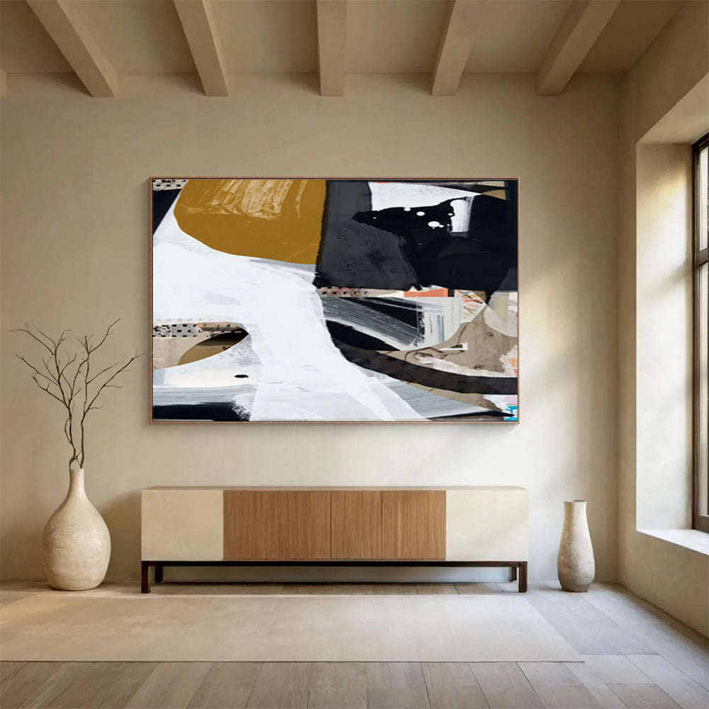 Collage - style Abstract Painting with Black White and Brown THY127