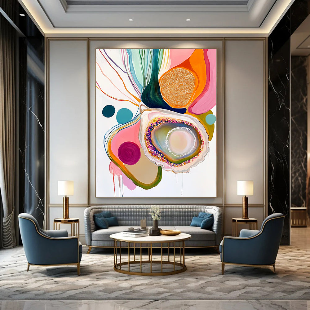 A large abstract painting featuring an oyster with glitter pastel colors on a white background surrounded by colorful organic shapes and patterns.STSC665