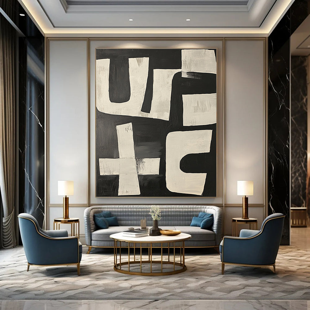 Large abstract painting featuring dynamic black and white shapes resembling the word use in a bold and energetic composition.STSC1133