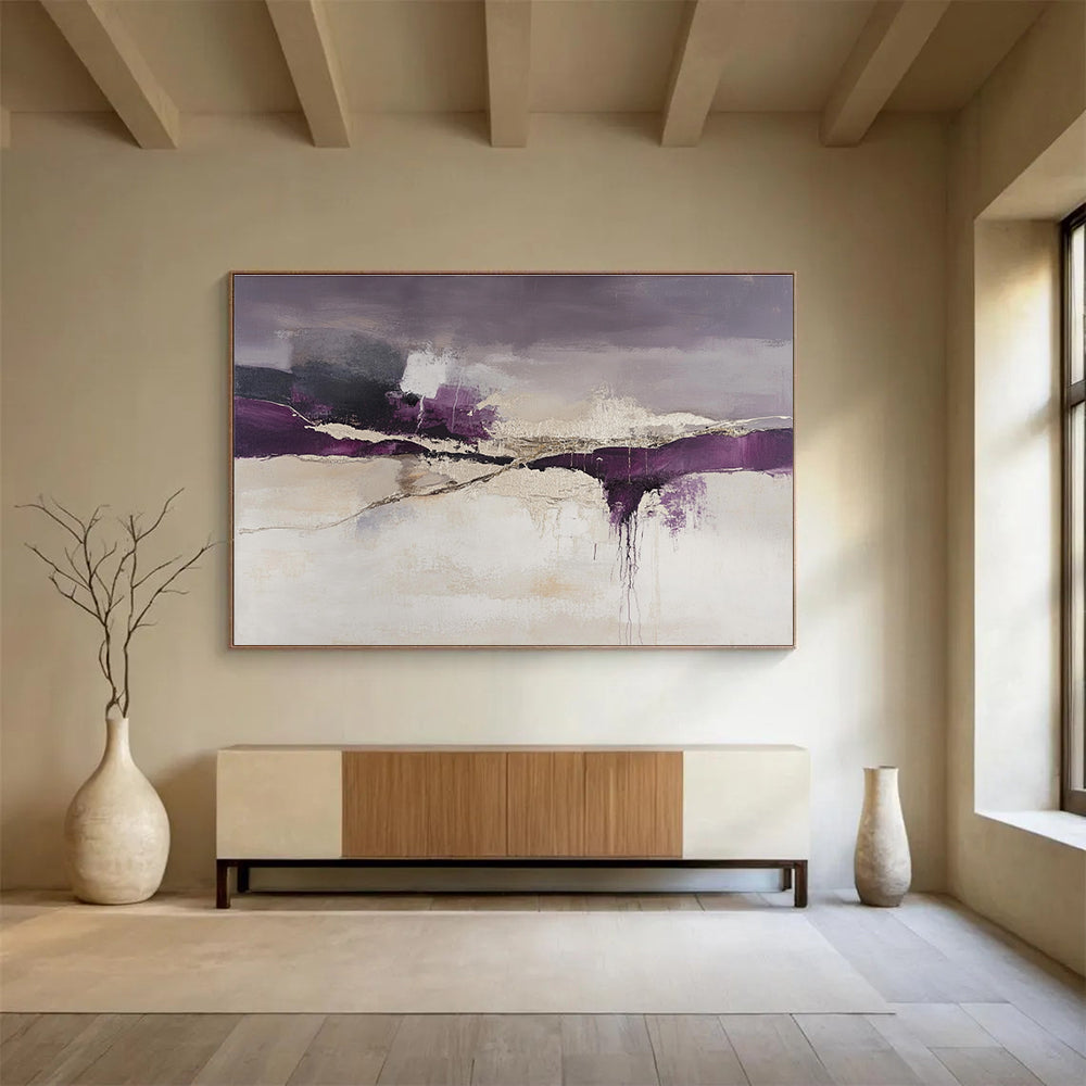 An abstract landscape features purple and beige tones with dark gray cracks in white paint, evoking a unique artistic atmosphere.SC316