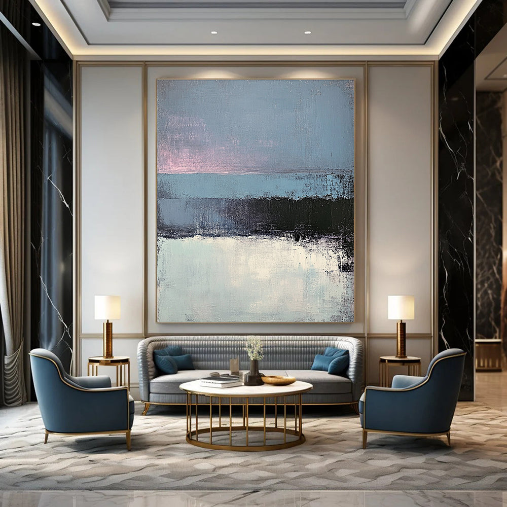 Large abstract painting of layered gray-blue sea and dark blue pink sky showcasing minimalist design with exquisite brushwork and light effects.STSC347