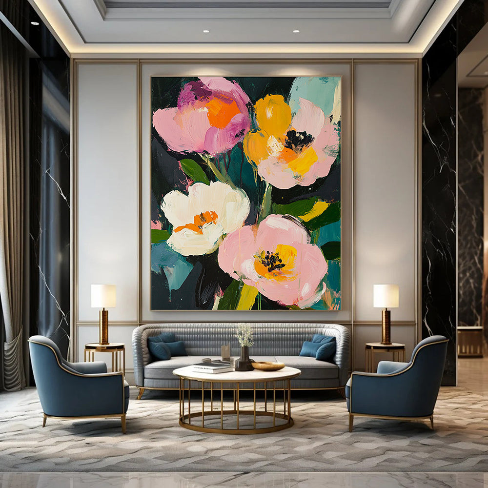 Large abstract painting featuring pink roses and white peonies with loose brushwork in a vintage style and rich colors of greens yellows and blues.STSC057