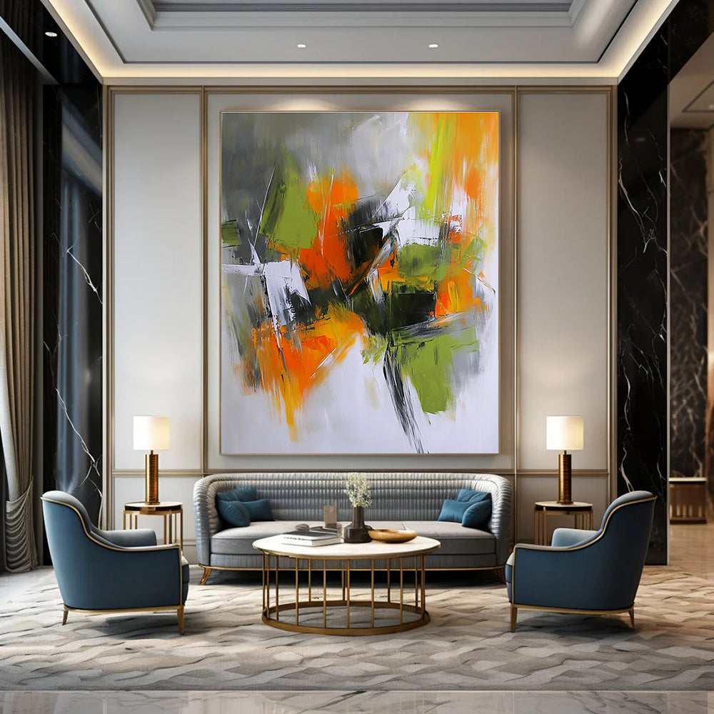 Large abstract painting in light gray dark orange and olive green capturing an autumn urban garden with dramatic shadows and energetic brush strokes.STSC769