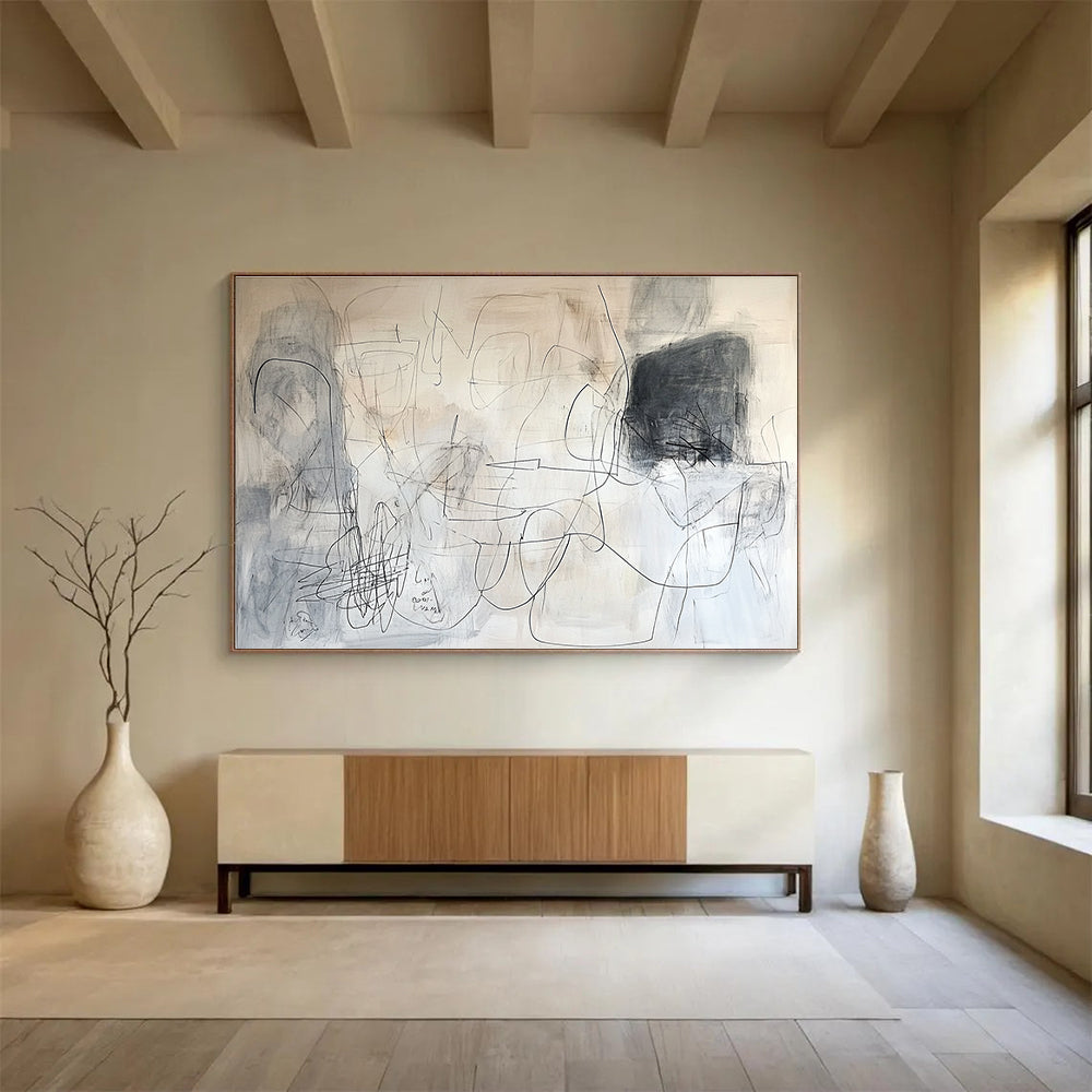 An abstract painting in white and gray tones, featuring dynamic lines and layered text, conveys a sense of movement and depth.SC390