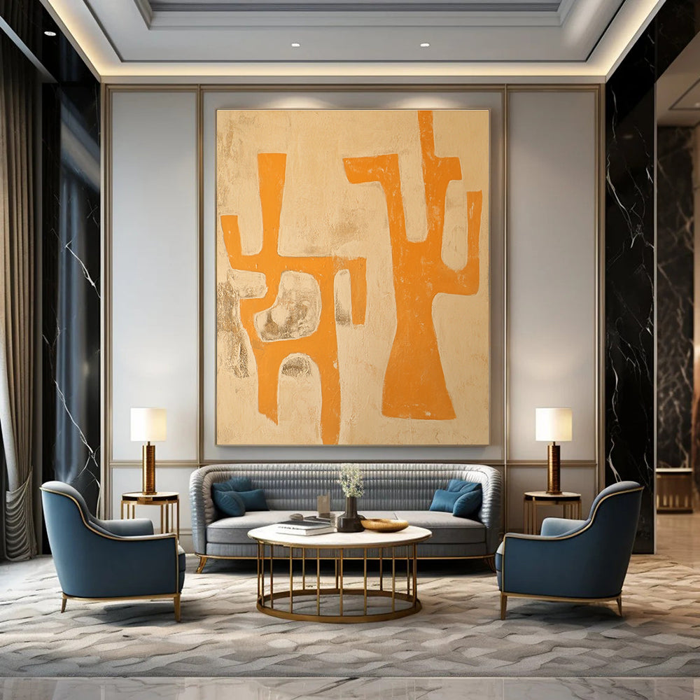 Large abstract painting featuring an animal in light orange and beige tones with primitive figures capturing Jean-Paul Riopelle's unique style.STSC1109