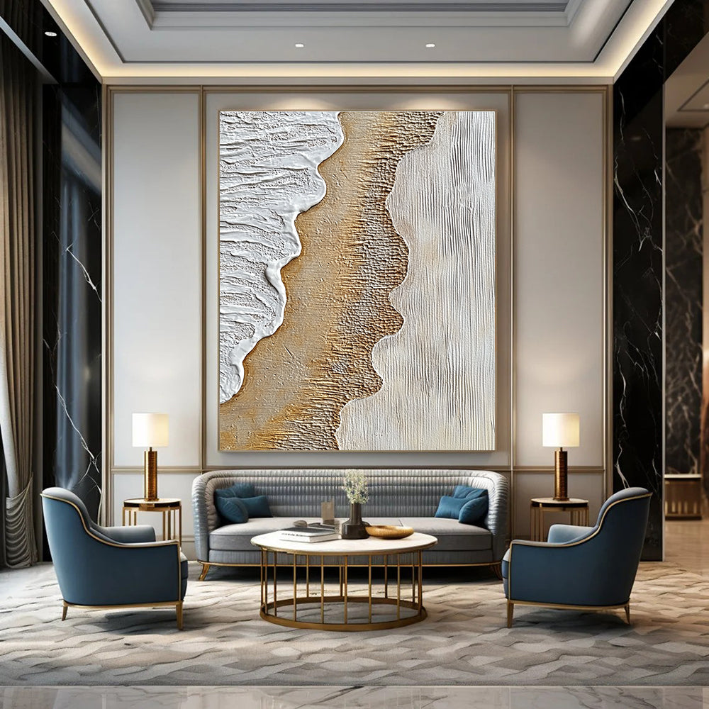 Abstract painting depicting textured sand and crashing waves with warm browns and cool grays for a striking artistic expression.STSC947