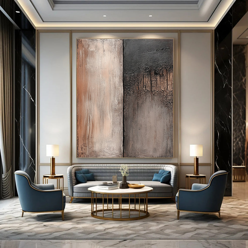 Large abstract painting featuring weathered wood and stone textures in muted browns and grays perfect for diverse creative projects.STSC538