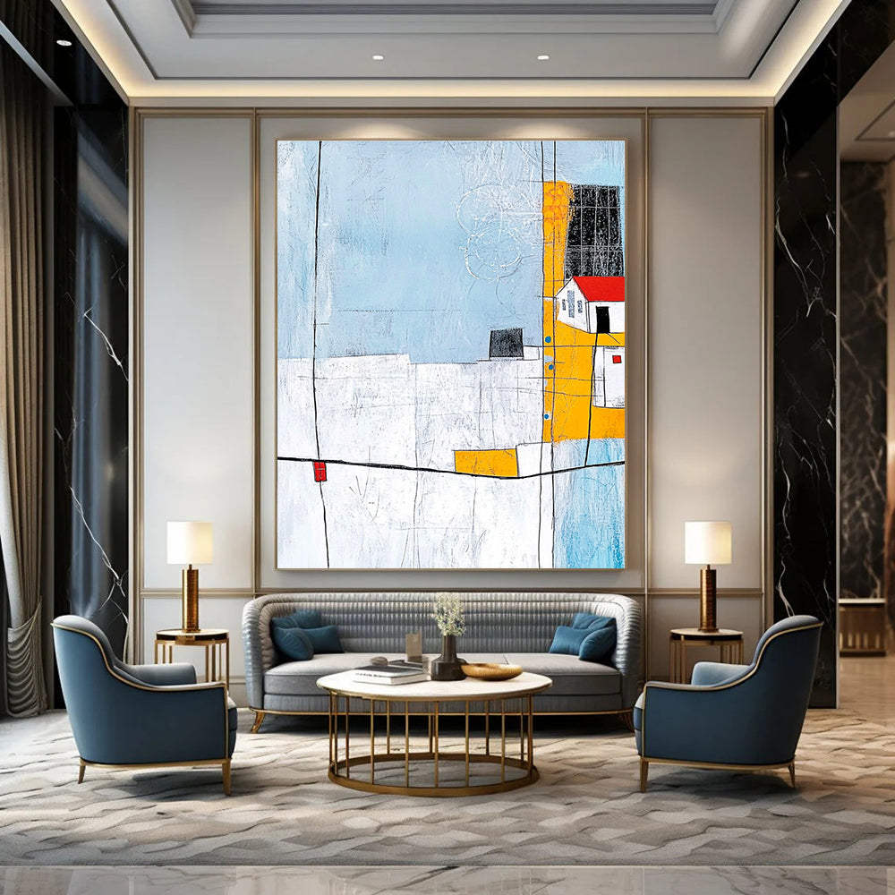 Abstract painting featuring soft lines and shapes with a light blue grey background and minimalistic house illustration in the corner.STSC688