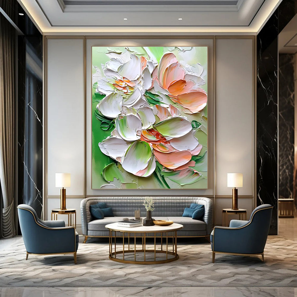 Large abstract painting with thick brushstrokes featuring super-detailed flowers in white pink and green colors for a vibrant artistic expression.STSC1401