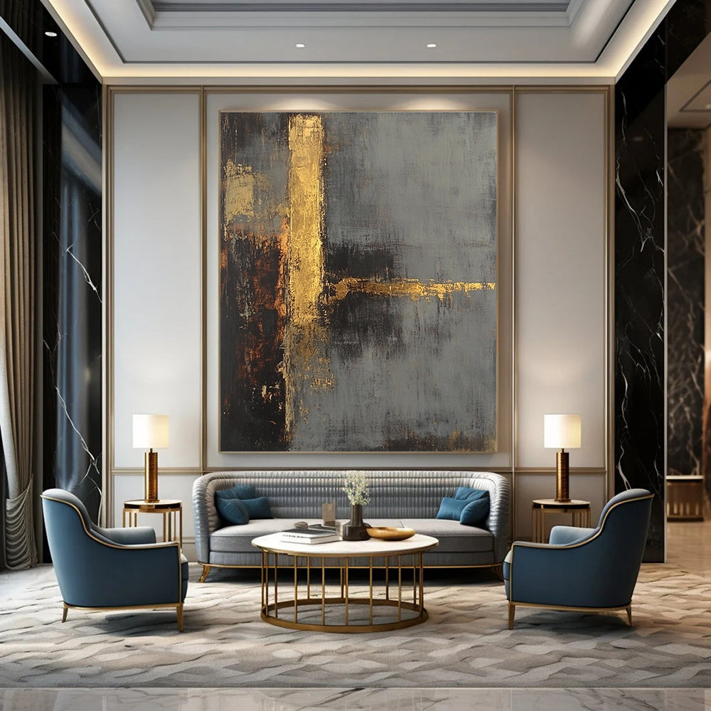 Large abstract painting in gray and gold tones with a textured background and a hint of a tower evoking mystery and calmness.STSC418