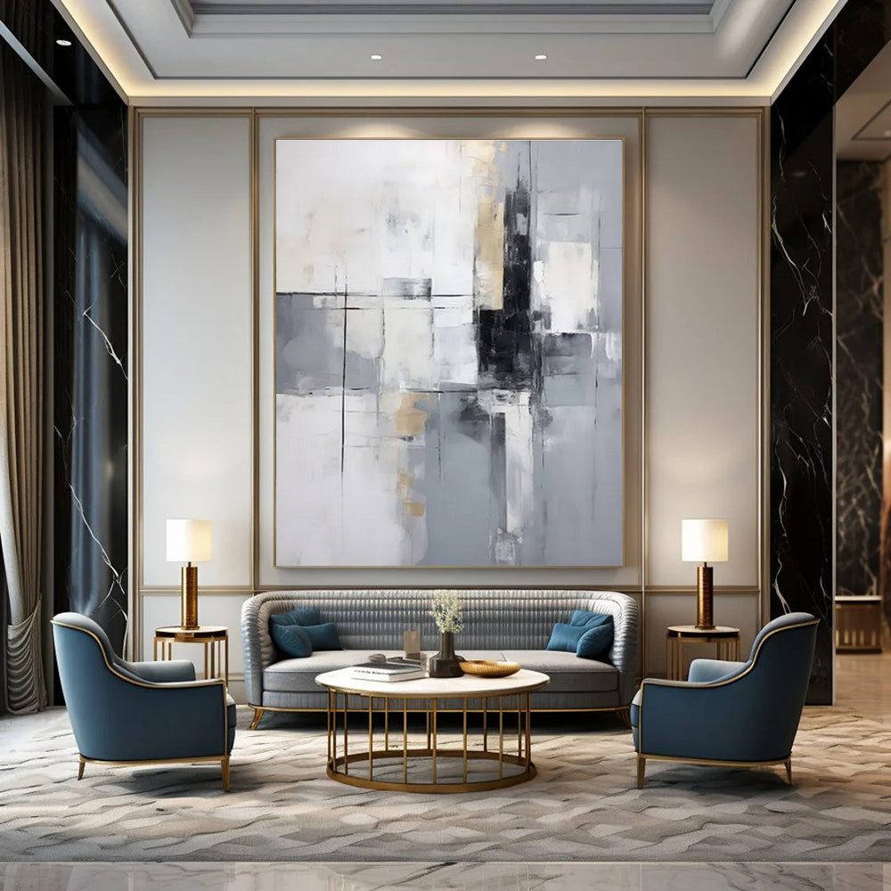 Gray and Gold Geometric Abstract Painting with Black Accents ADGE138