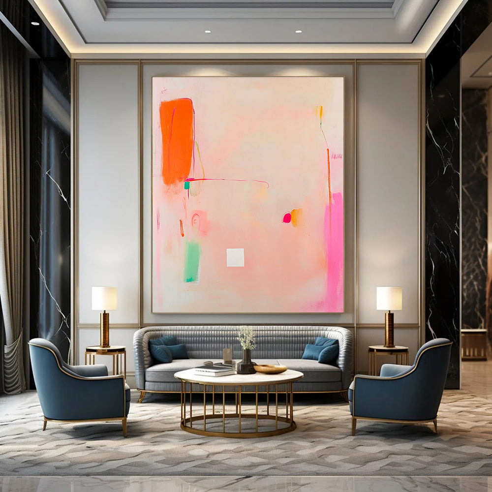 Abstract painting featuring light pink and orange tones with a central white square and soft doodle-like shapes in the corner.STSC770