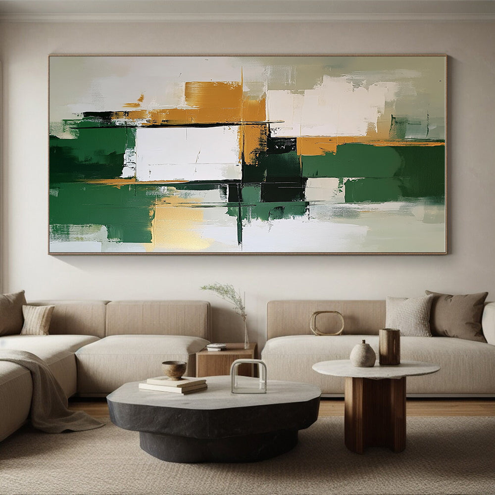 Green Gold and White Abstract Painting with Layered Blocks GER679