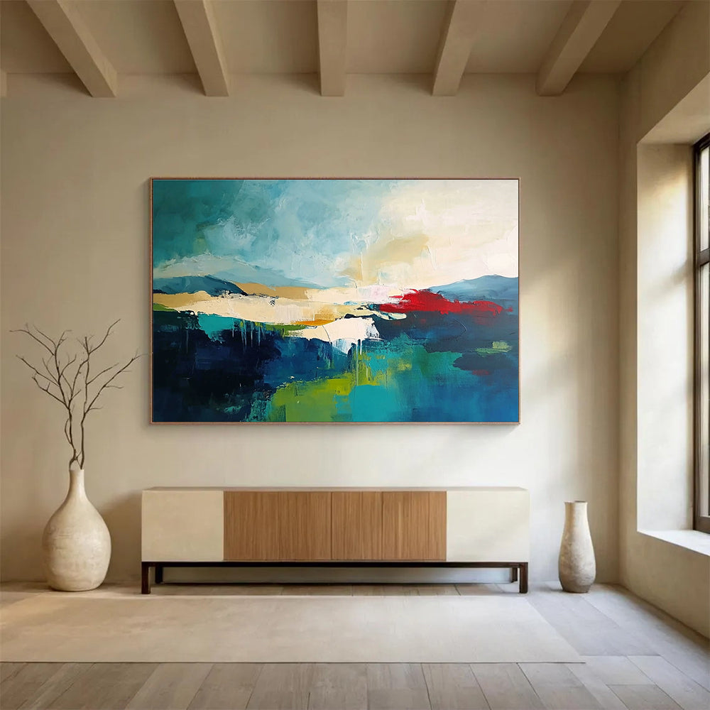 Large abstract painting featuring a dark sky-blue and light emerald green palette with beige and red accents on a soft neutral background.SC087