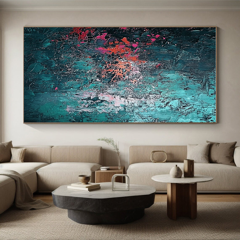 Teal Pink and Orange Textured Abstract Painting with Crackle Effects GER642