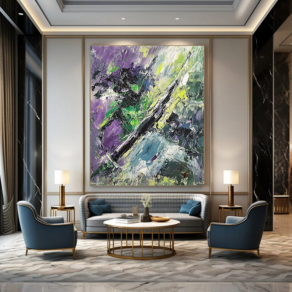 Large abstract painting of the Green Knight dynamic brushstrokes chaotic forms sword in hand surrounded by dark trees and rocks inspired by Expressionism.STSC881