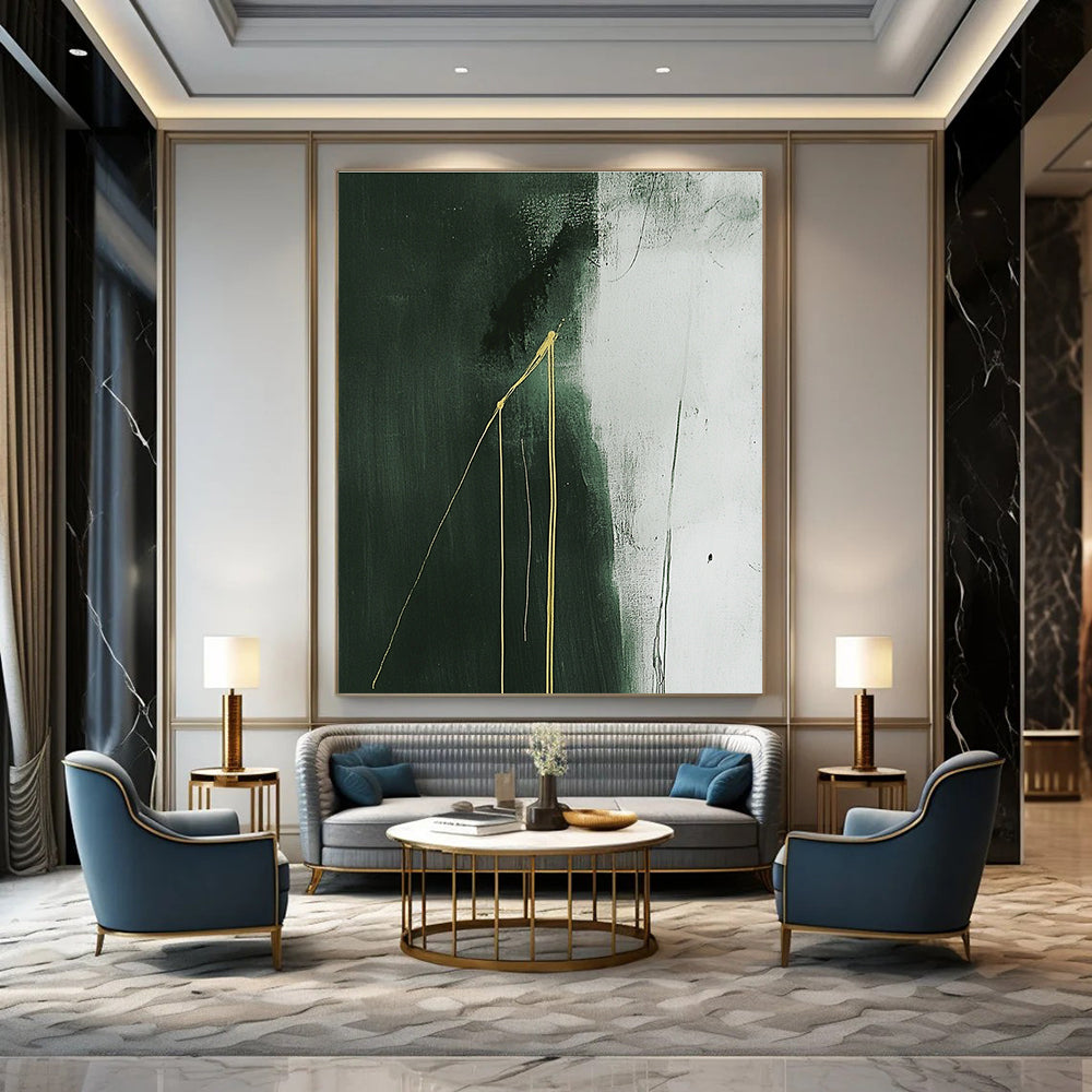 Large abstract painting with dark gray background featuring white and green hues and two growing yellow lines creating a minimalist composition.STSC1241