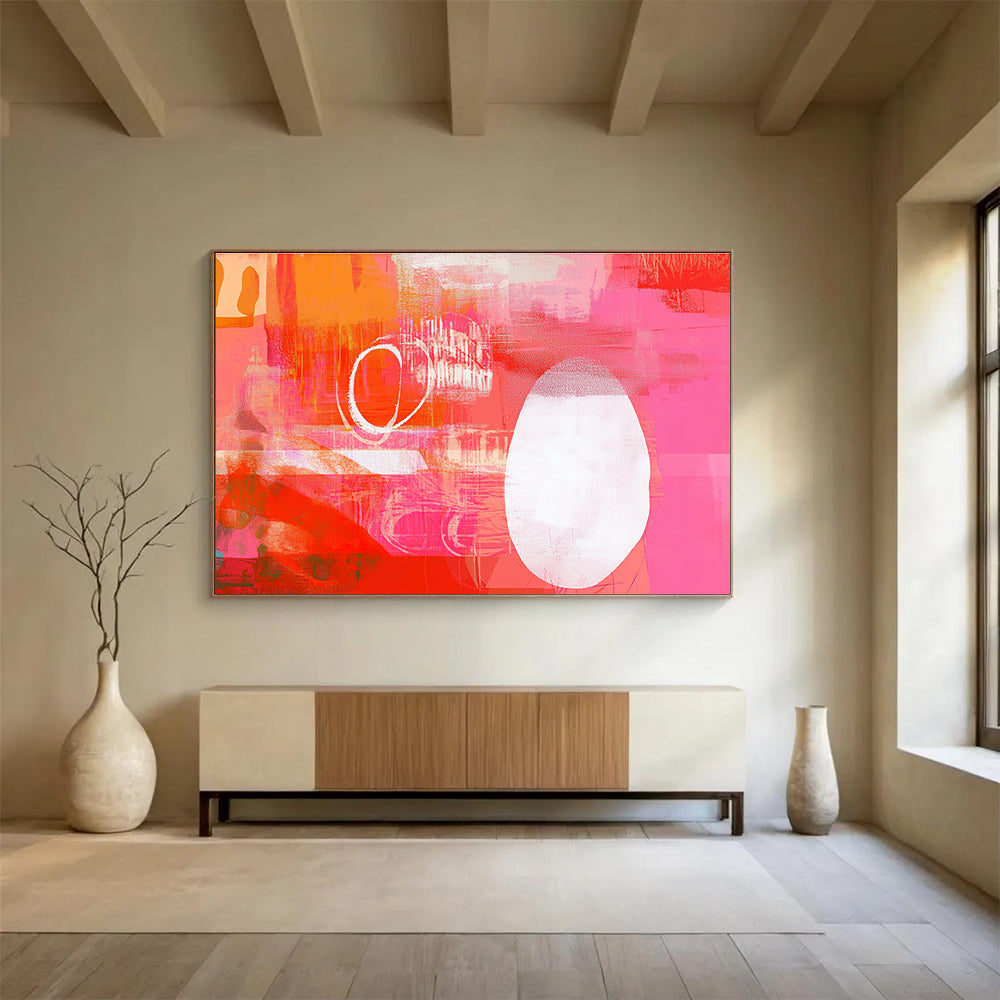 A large abstract artwork featuring a vibrant red and pink collage with energetic shapes and a striking white squiggle line, enhancing its lively composition.SC542